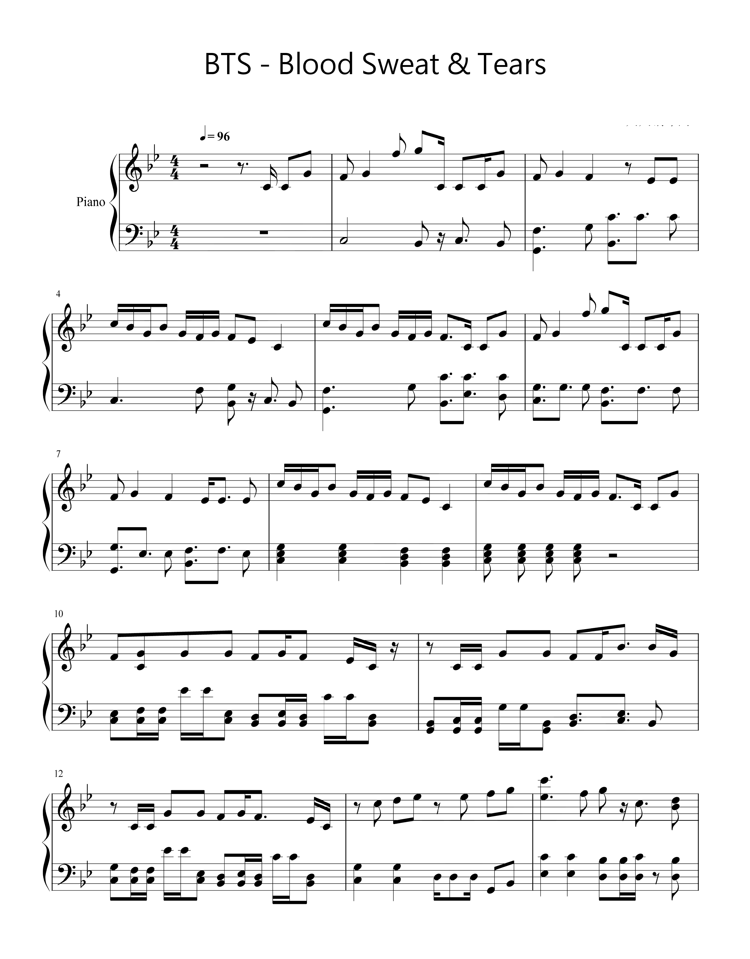 Sheet piano bài hát Blood Sweat & Tears